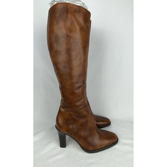 VTG J CREW Tall Boots Womens 5.5 Marbled Brown Leather Made in Italy High Heel - Picture 1 of 16